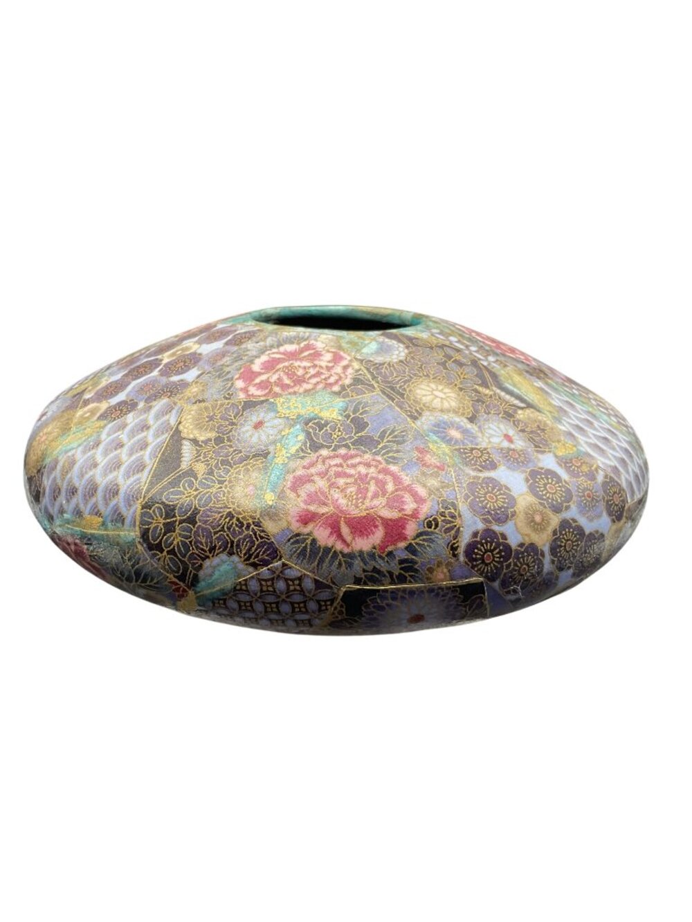 Kutani Ware Style Vase Botanical Peonies Gilded Gold Cloisonne Style Flattened